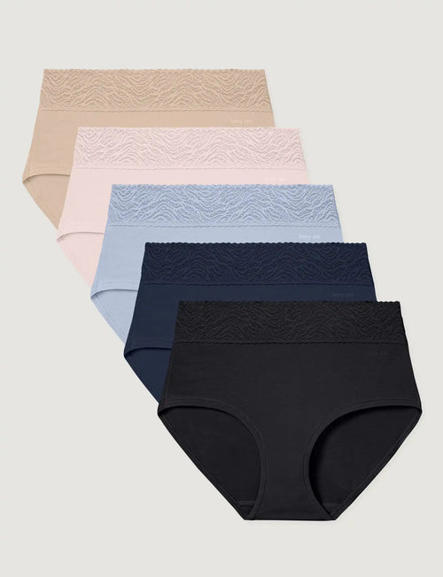 Women's Cool Cotton High Rise Brief, Lace Waist (5-Pack)