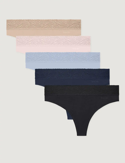 Women's Cool Cotton Thong, Lace Waist (5-Pack)